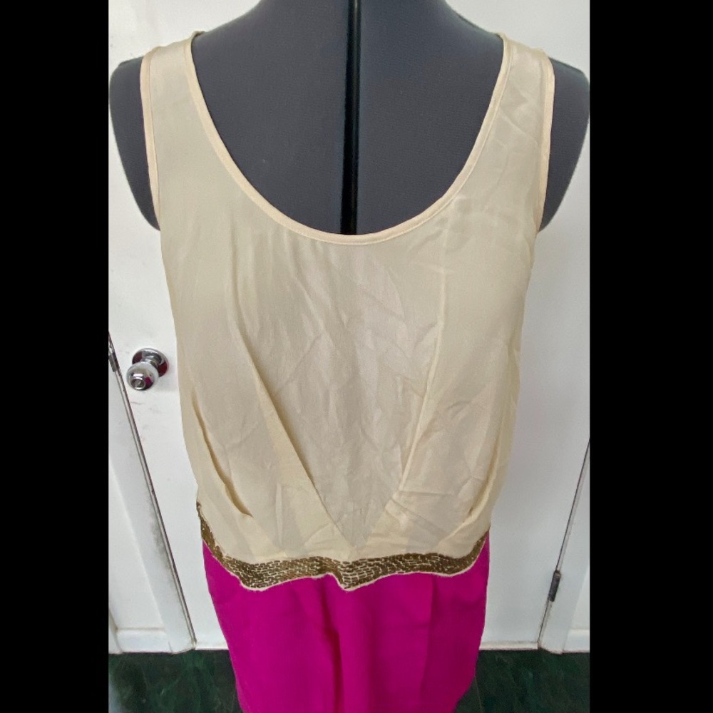 RETRO ARYN K ANTHROPOLOGIE SILK BLOUSON DRESS CREAM PURPLE BEADED M 1920s STYLE - Picture 2 of 7